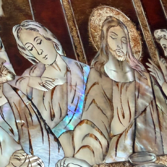 Vintage Mid Century Mother of Pearl Inlaid Jesus Last Supper Resin Plaque Wall