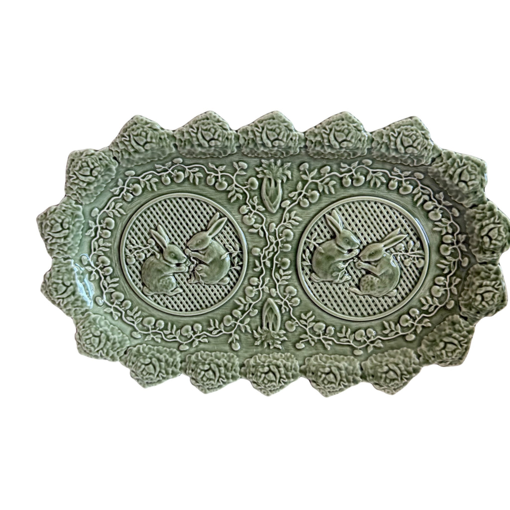 Vintage Bordallo Pinheiro Portugal Green Rabbit Lettuce Platter
