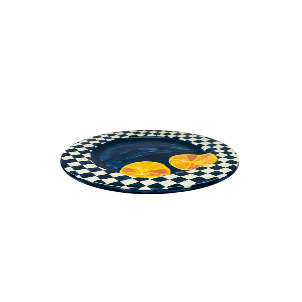 Vintage Checkered Blue Ceramic Plate with Lemon Slices Signed Serving Plate