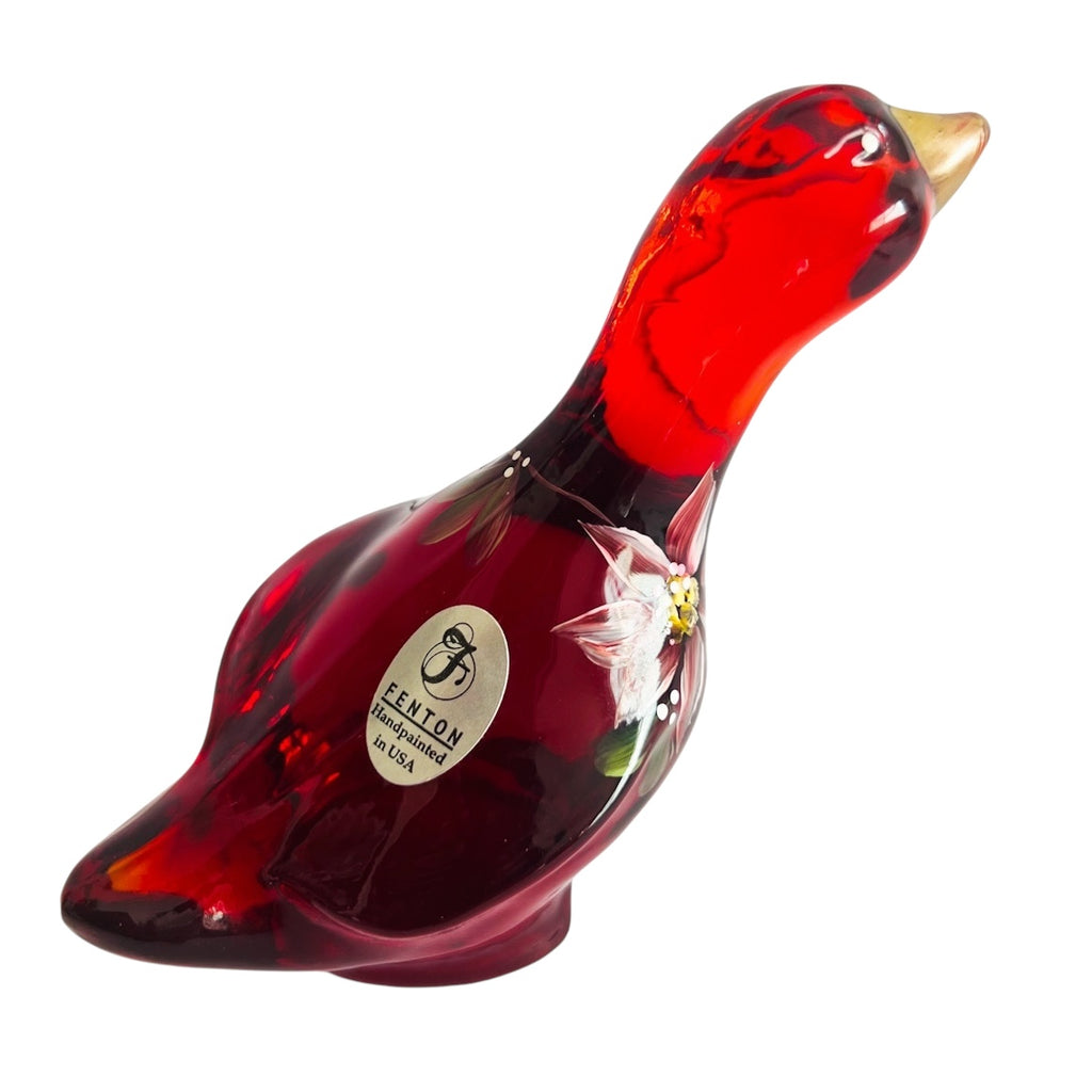 Vintage Fenton Ruby Red Goose Duck Hand Painted Glass Figurine