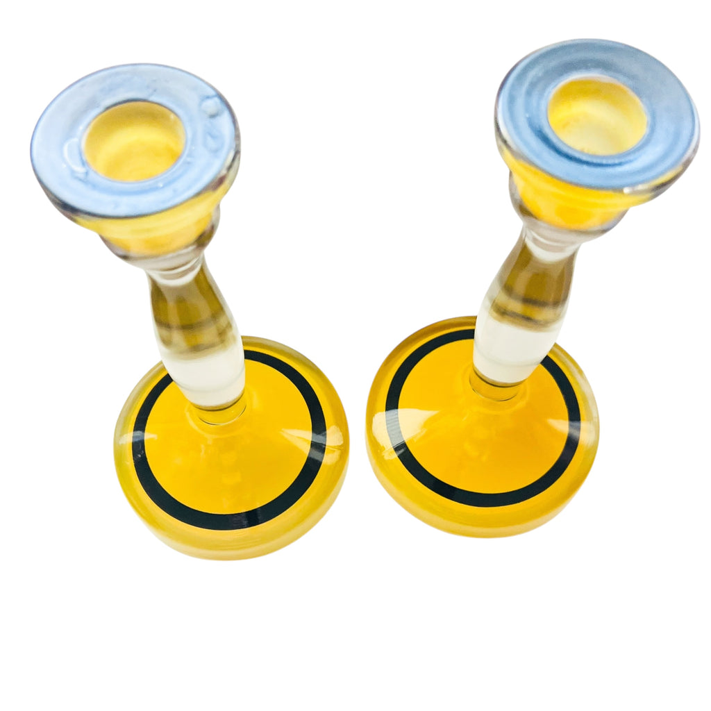 Vintage MCM Black Yellow and Clear Glass Candle Holders