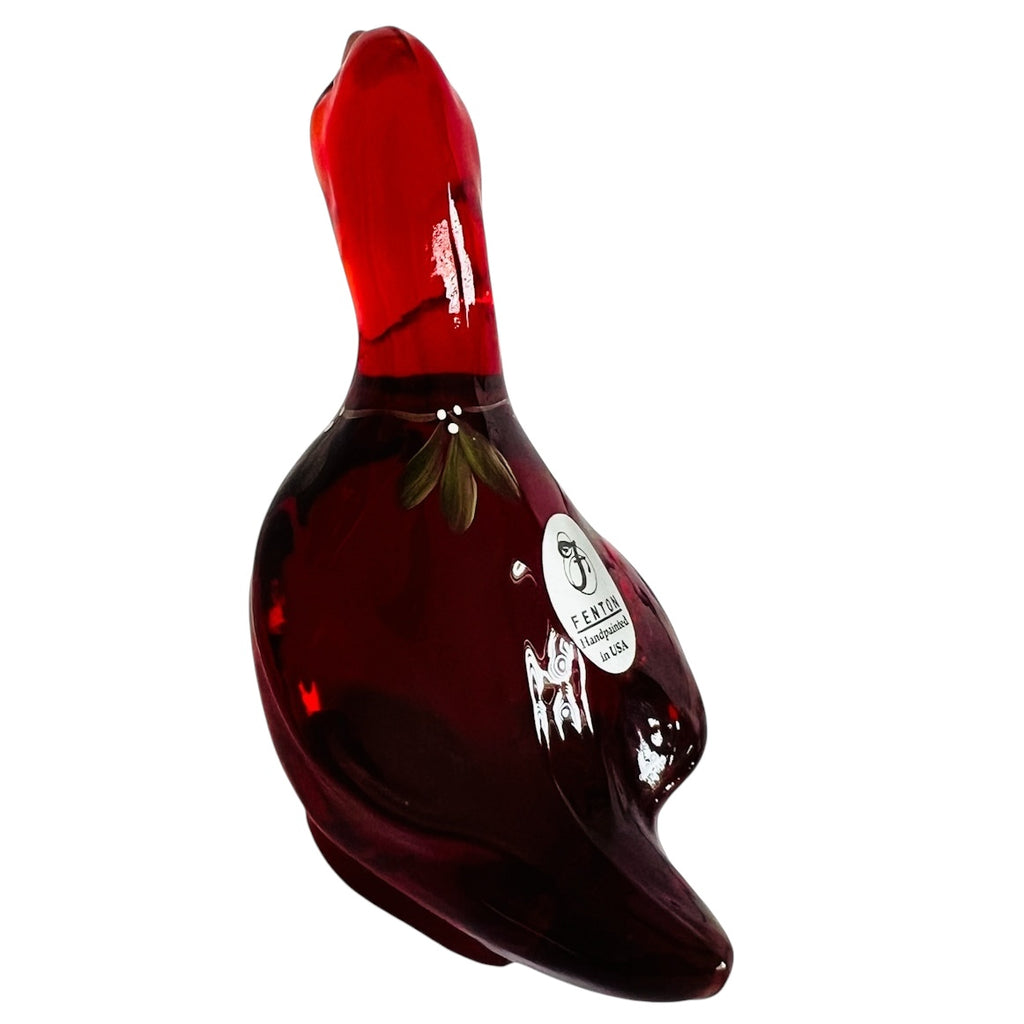 Vintage Fenton Ruby Red Goose Duck Hand Painted Glass Figurine