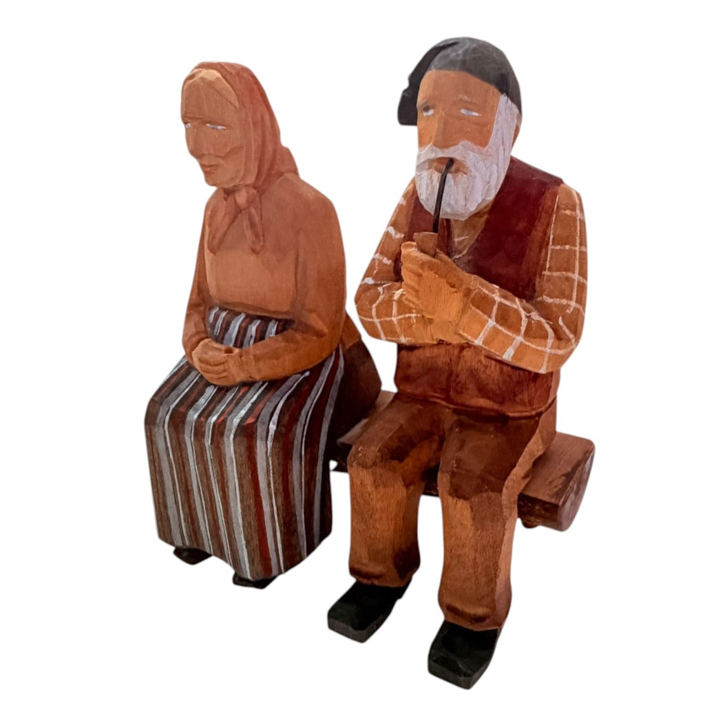 Vintage Albert Shield Interlaken Wood Carvings Sitting Couple On Bench