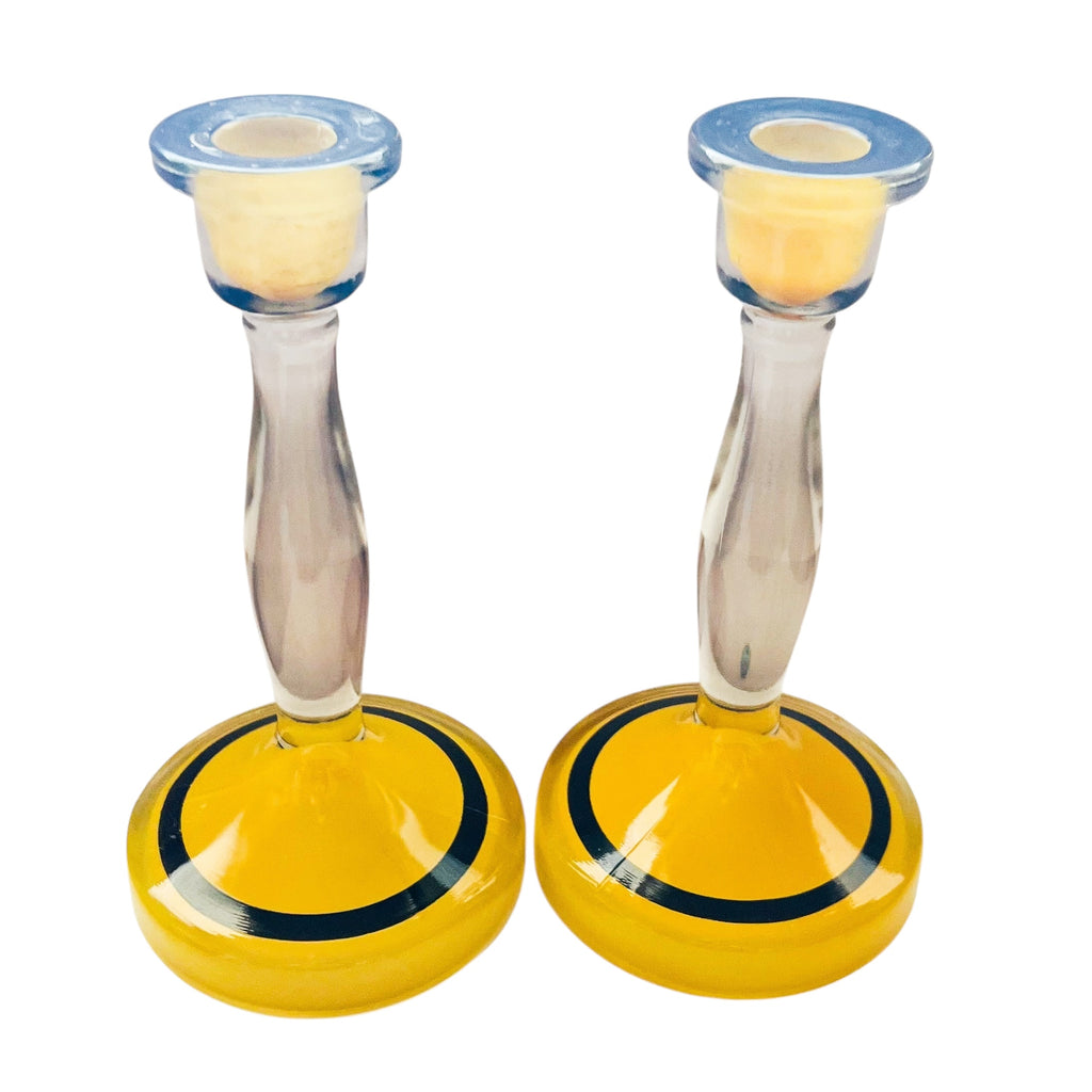Vintage MCM Black Yellow and Clear Glass Candle Holders