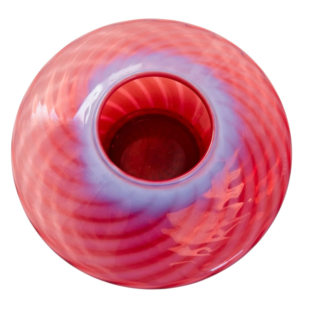 Fenton Cranberry Opalescent Spiral Optic Swirl Ruffle Glass Bowl