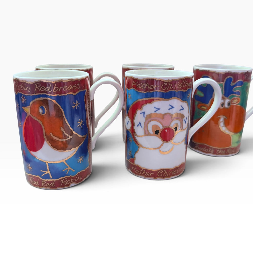 Vintage Golden Christmas Dunoon Santa Holiday Mugs Set of 5