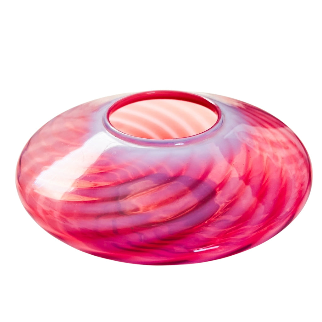 Fenton Cranberry Opalescent Spiral Optic Swirl Ruffle Glass Bowl