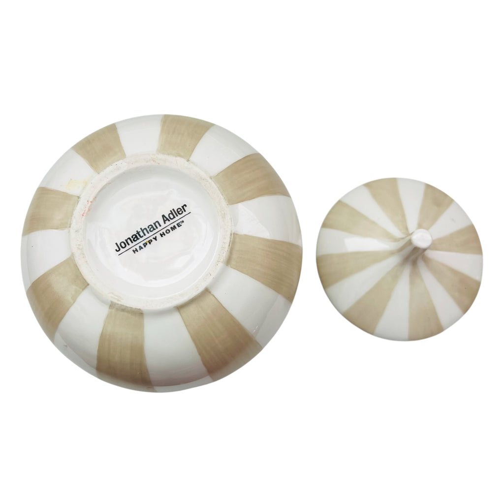 Jonathan Adler Happy Home Cream and Tan Ceramic Striped Jar w/Lid