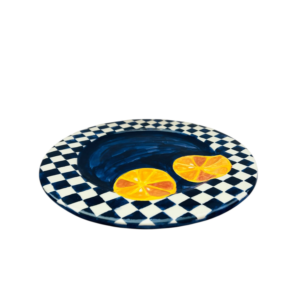 Vintage Checkered Blue Ceramic Plate with Lemon Slices Signed Serving Plate