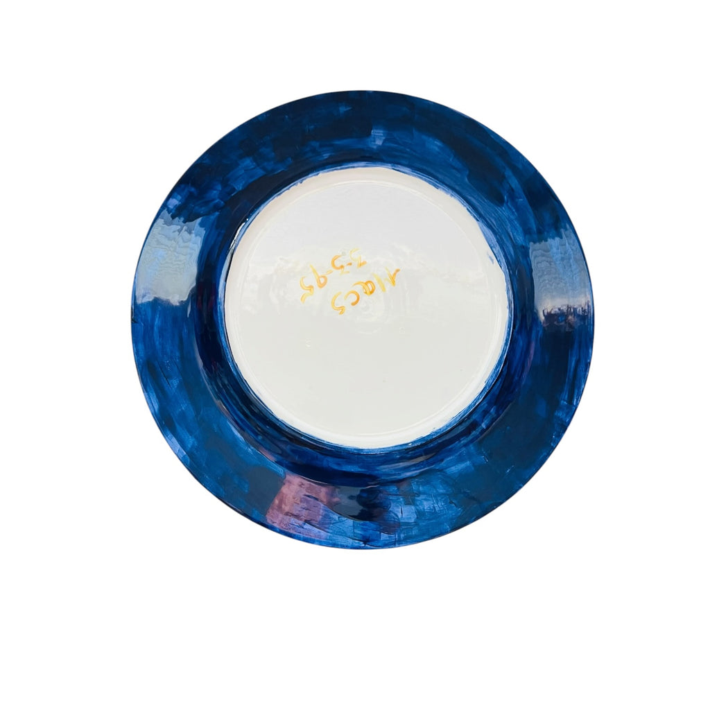 Vintage Checkered Blue Ceramic Plate with Lemon Slices Signed Serving Plate