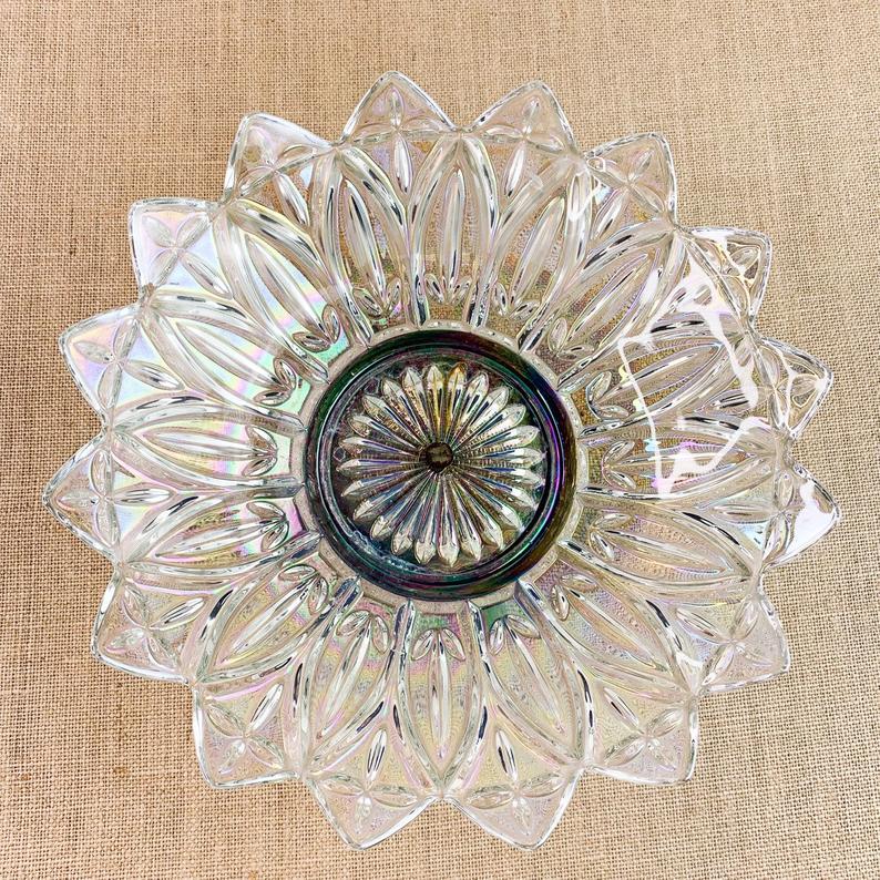 Vintage Iridescent Carnival Glass Bowl Petal Pattern w/ Metal Base