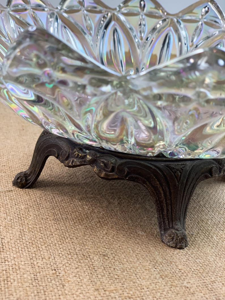 Vintage Iridescent Carnival Glass Bowl Petal Pattern w/ Metal Base
