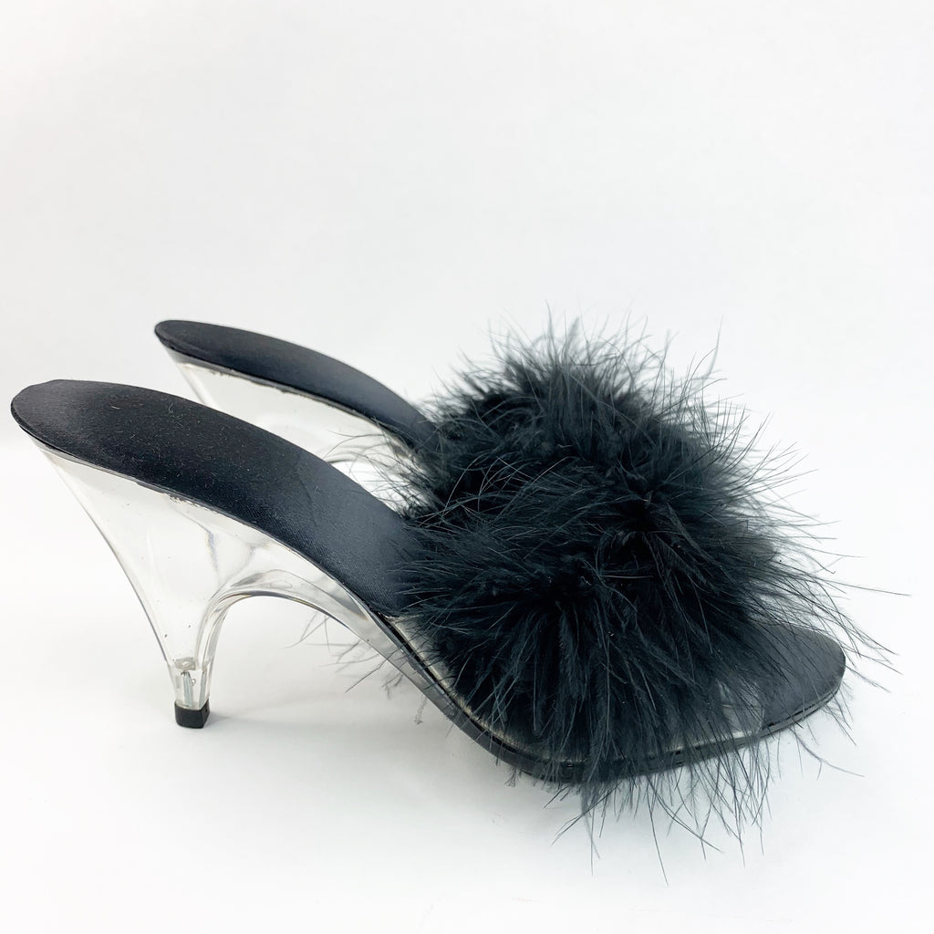 Marabou Black Feather Lucite Clear Slip On Heels