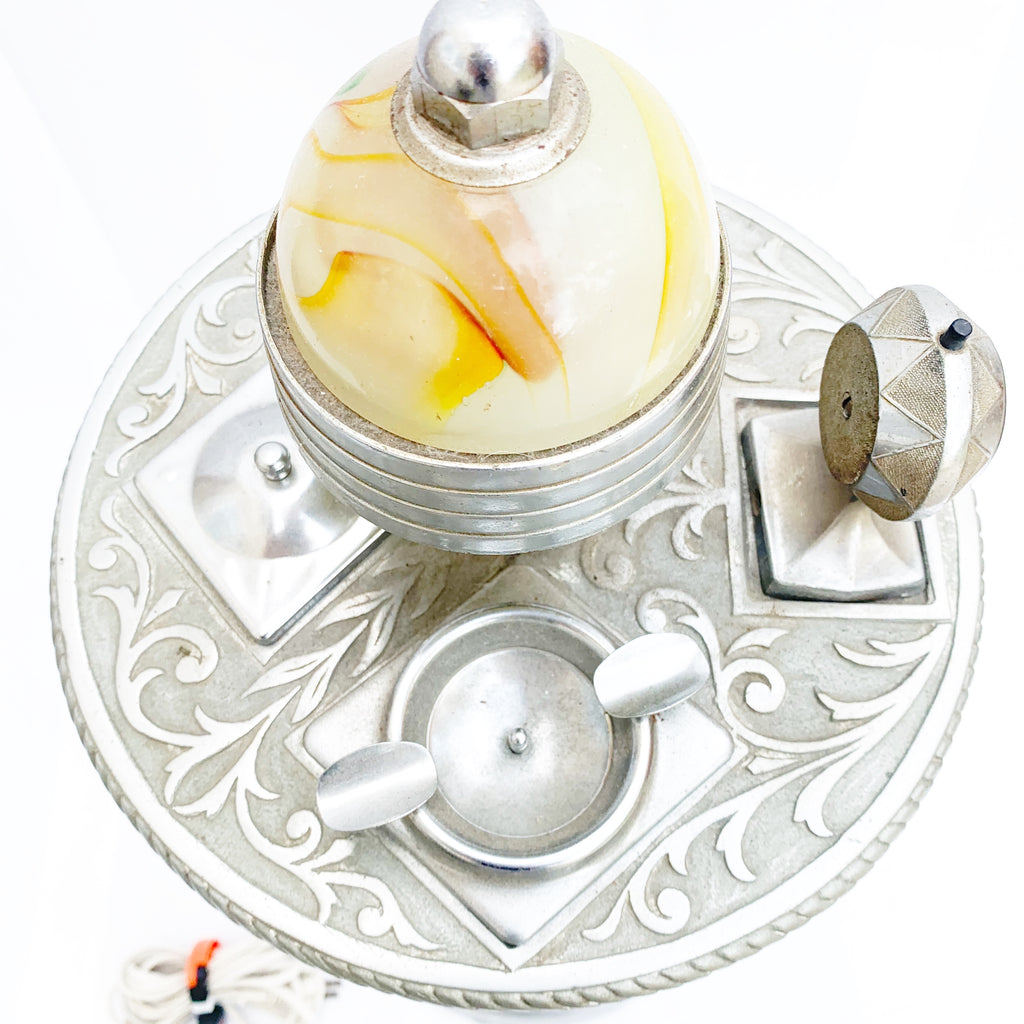 Vintage Mico Art Deco Chrome and Alabaster Slag Glass Ashtray Stand