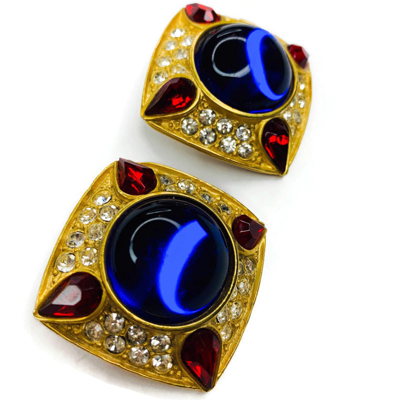 Vintage Gold Tone Square Enamel Blue Red Rhinestone Clip On Earrings