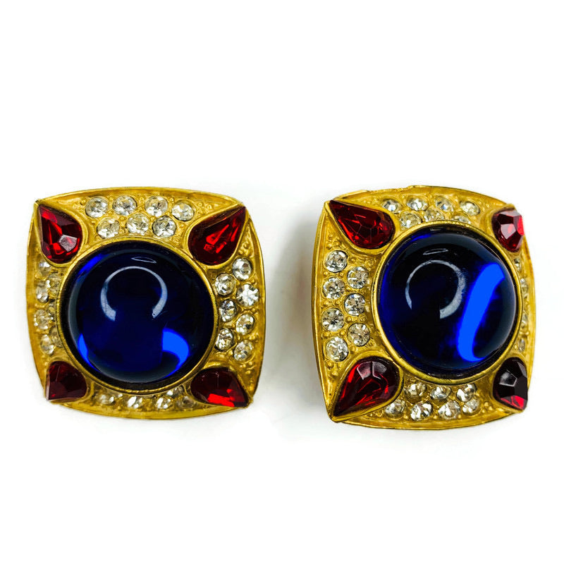 Vintage Gold Tone Square Enamel Blue Red Rhinestone Clip On Earrings