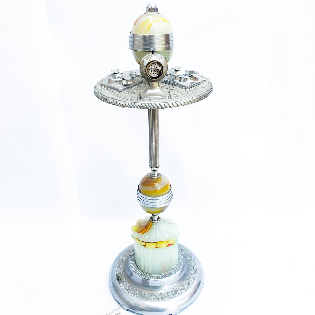 Vintage Mico Art Deco Chrome and Alabaster Slag Glass Ashtray Stand