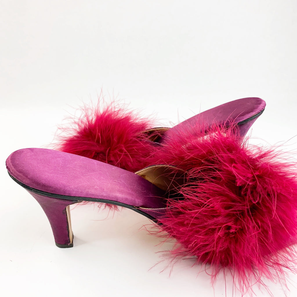 Marabou Burgundy Slip On Satin Heels