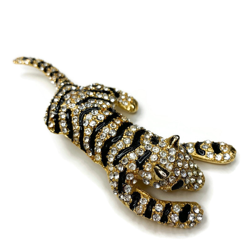 Vintage Rhinestone Tiger Brooch Gold Plated Pin