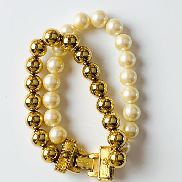 Vintage Monet Gold Tone Double Bead Statement Bracelet