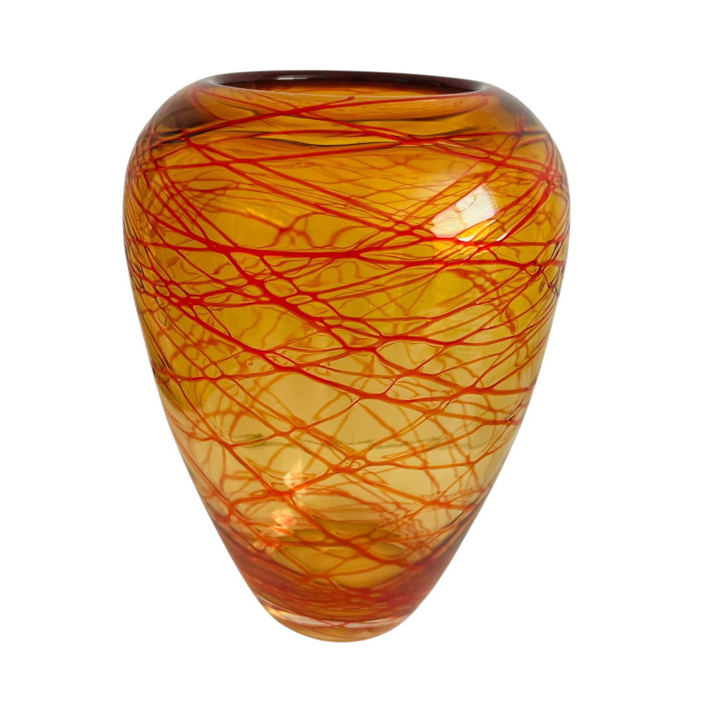Vintage Hand Blown Amber Orange and Red Threaded Art Glass Vase