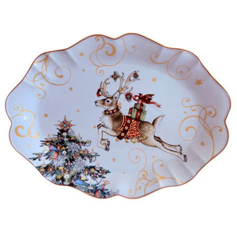 William Sonoma Twas the Night Before Christmas Reindeer Scalloped Oval Platter