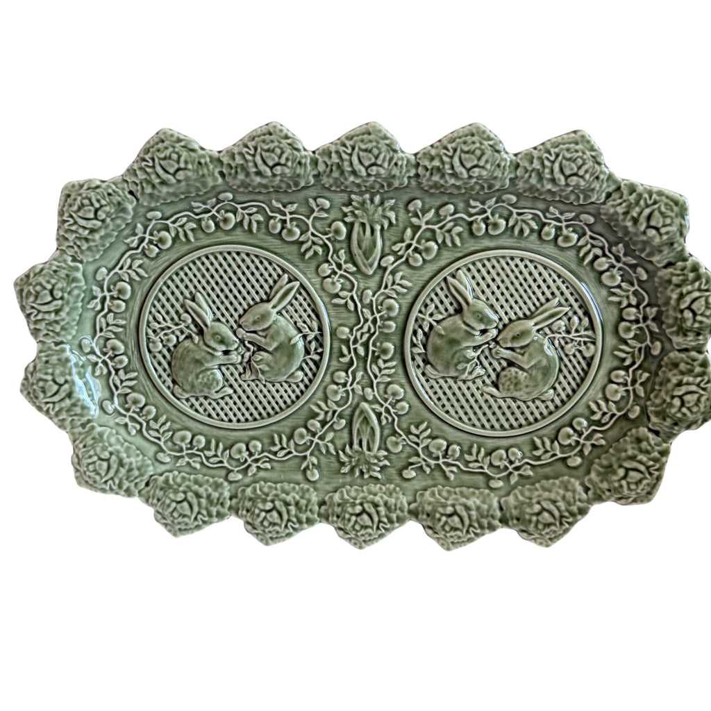 Vintage Bordallo Pinheiro Portugal Green Rabbit Lettuce Platter