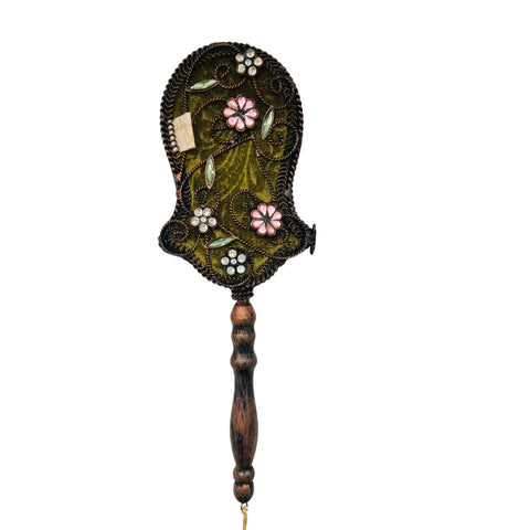 Vintage  Wayne M. Kelski Embroidered Handheld Mirror with Floral Design