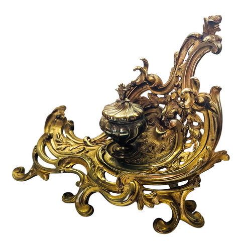 Antique Brass Desk Ink Well Ornate Footed Hinged Lid