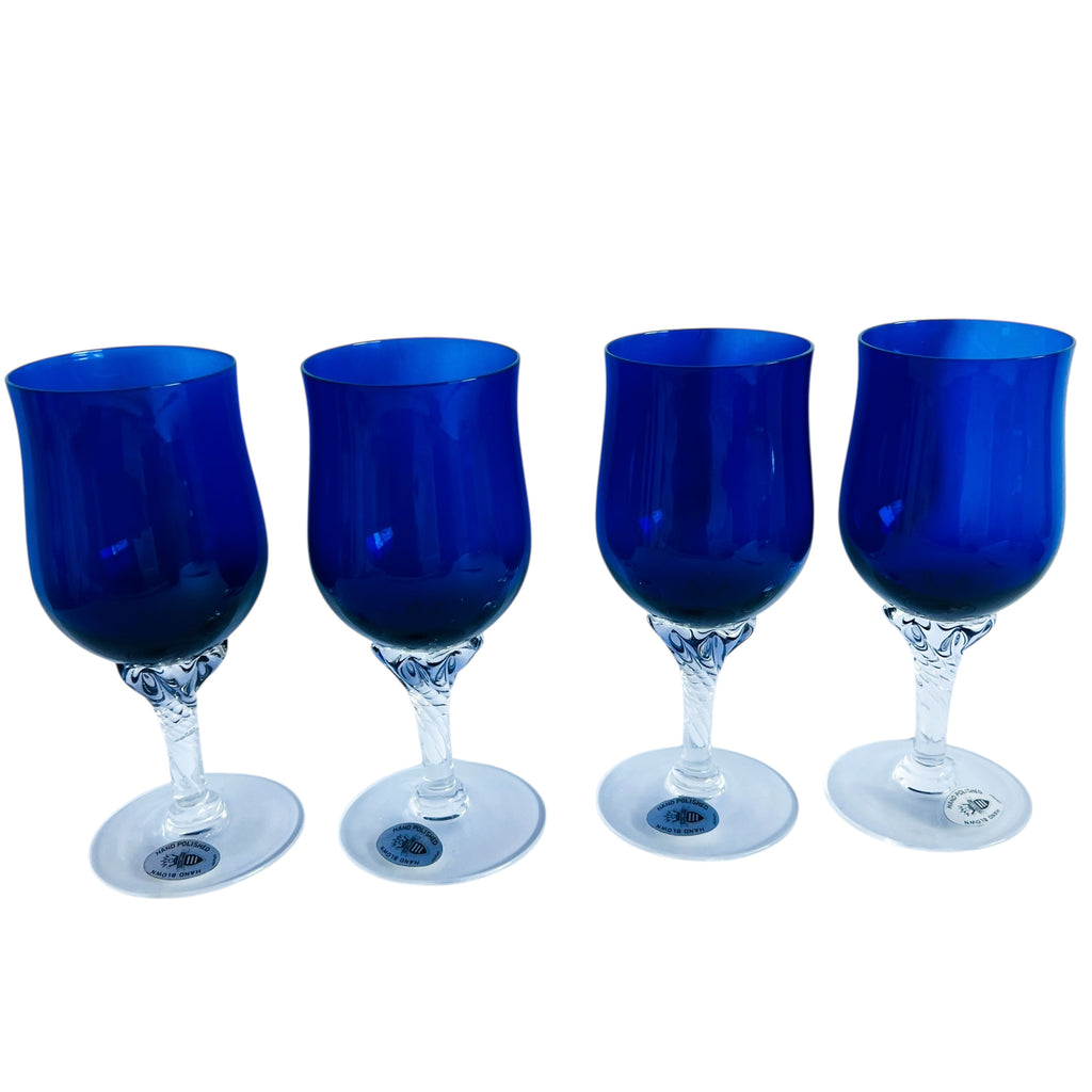 Vintage Celebrity Cobalt Blue with Clear Stem Water Goblets-Set of 4