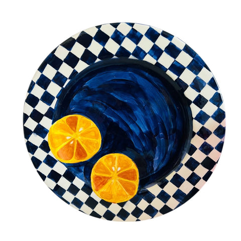 Vintage Checkered Blue Ceramic Plate with Lemon Slices Signed Serving Plate