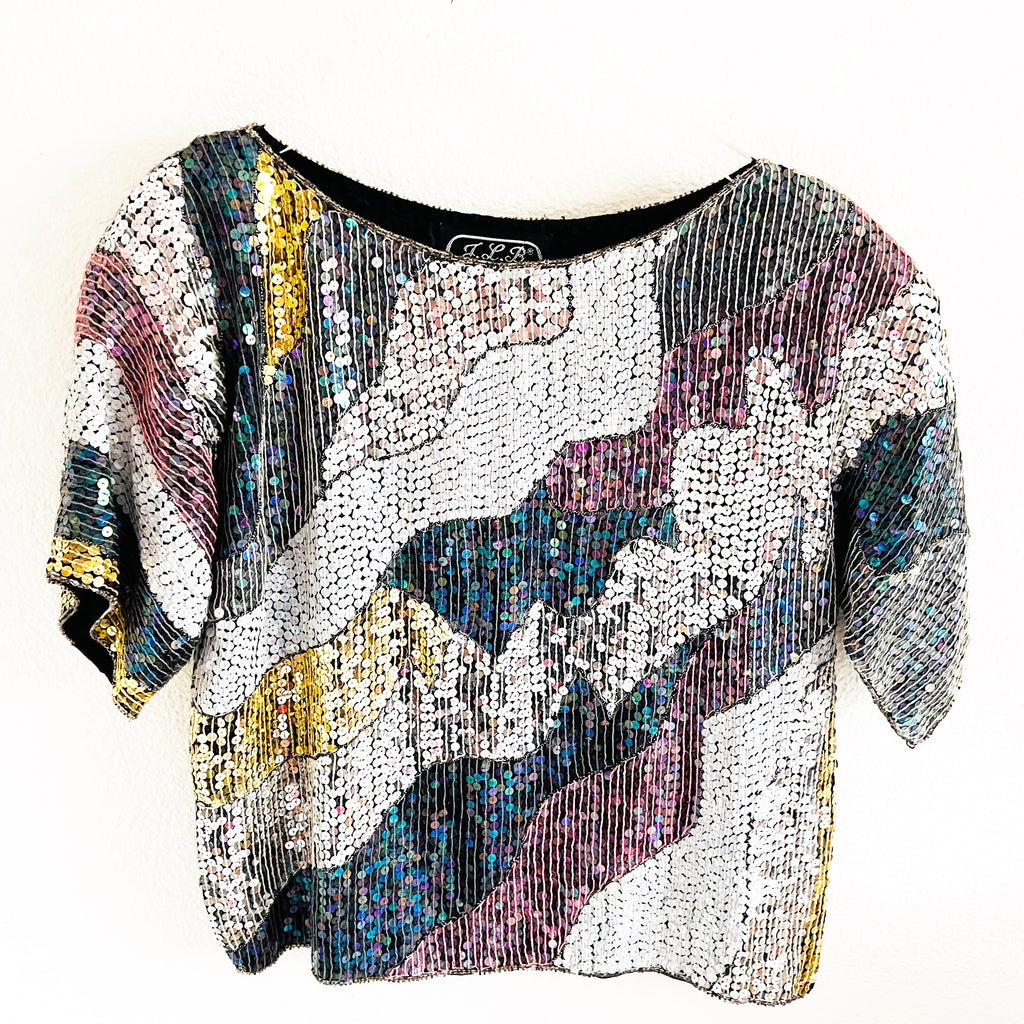 Vintage JLB Sequin Short Sleeves Paris Hong Kong New York Glam Top