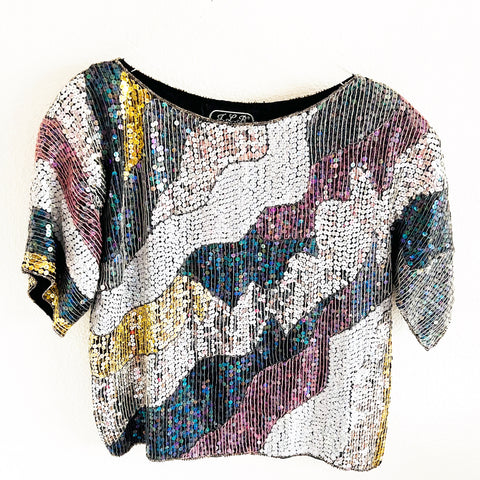 Vintage JLB Sequin Short Sleeves Paris Hong Kong New York Glam Top