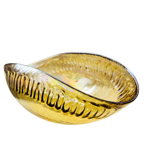 Vintage Yalos Casa Murano Iridescent Gold Art Glass Centerpiece Folded Bowl