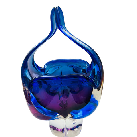 Vintage Czech Republic Art Bohemian Glass Hand Made Basket Bowl