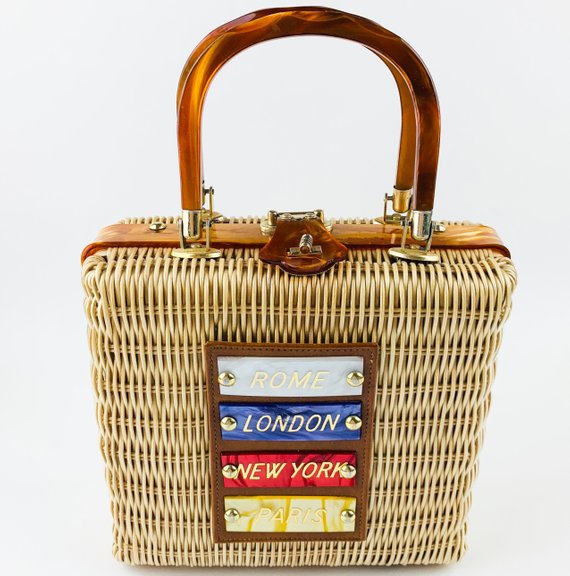 Vintage Stylecraft Miami Lacqured Wicker London New York & Paris Plaques Bag
