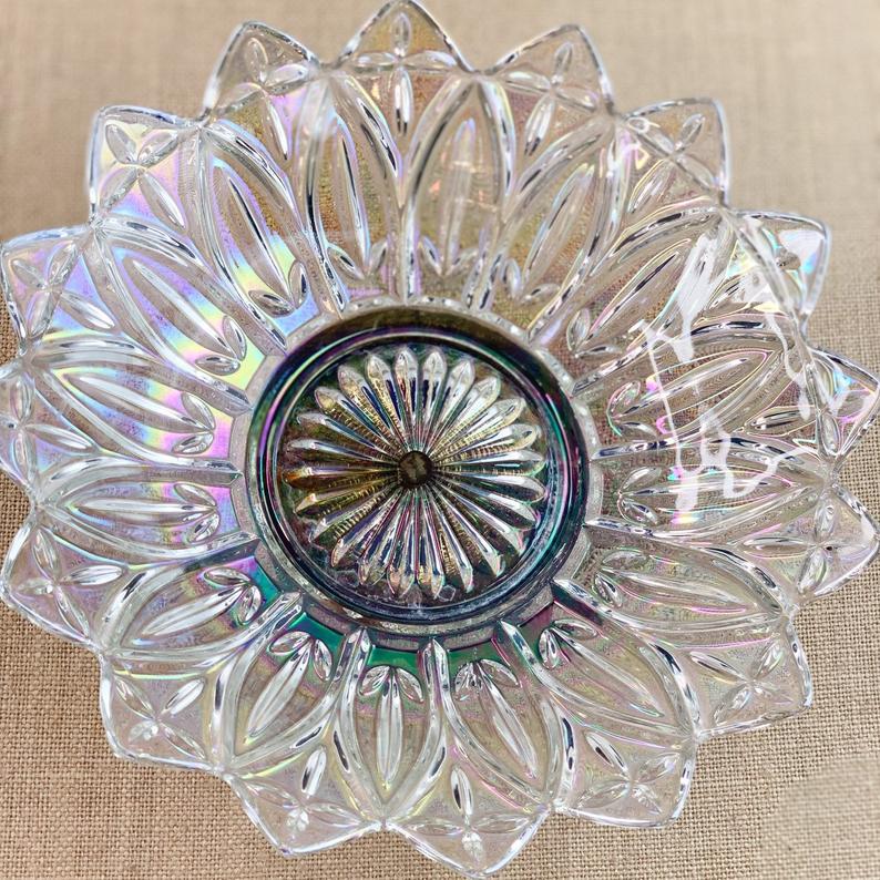 Vintage Iridescent Carnival Glass Bowl Petal Pattern w/ Metal Base