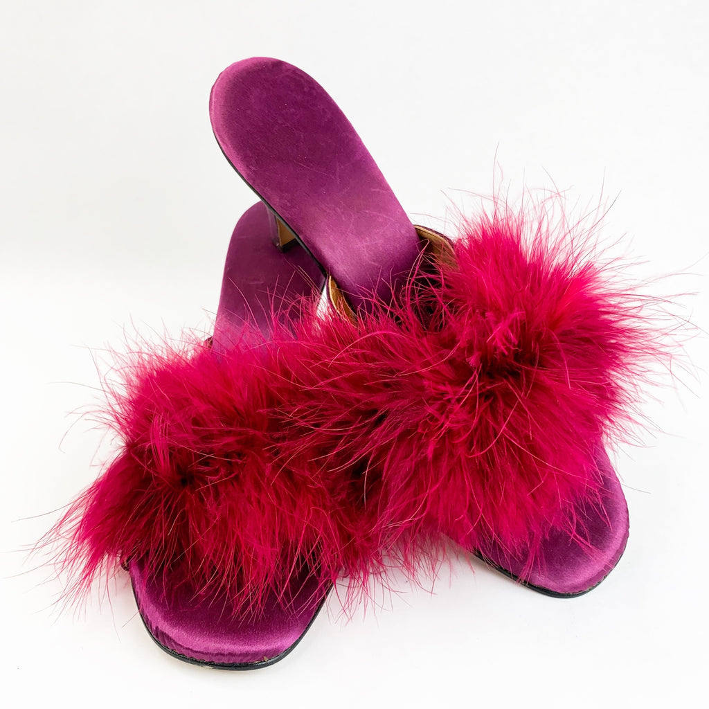 Marabou Burgundy Slip On Satin Heels