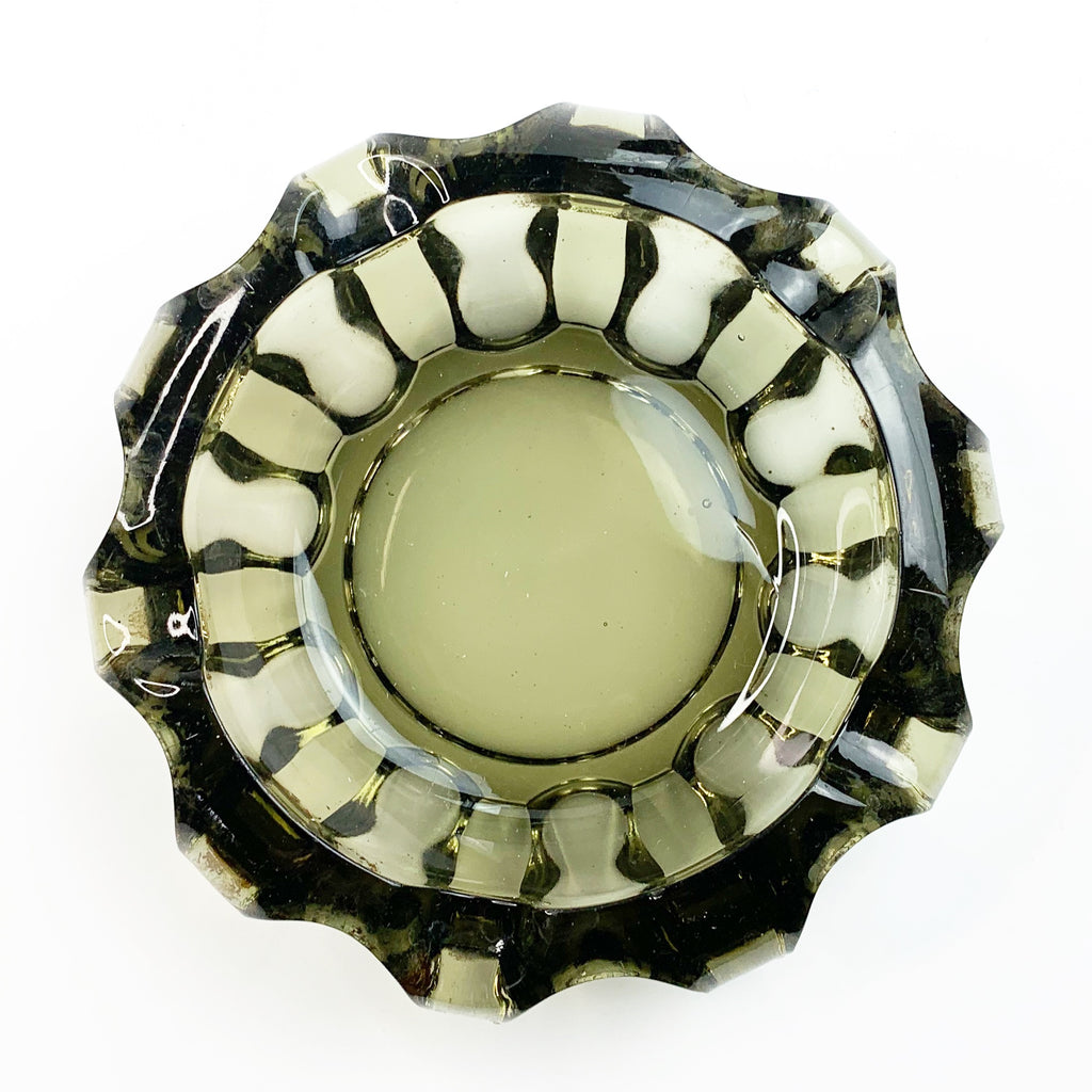 Vintage Mid Century Heavy Olive Green Glass Ashtray