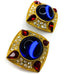 Vintage Gold Tone Square Enamel  Blue Red Rhinestone Clip On Earrings
