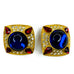 Vintage Gold Tone Square Enamel  Blue Red Rhinestone Clip On Earrings