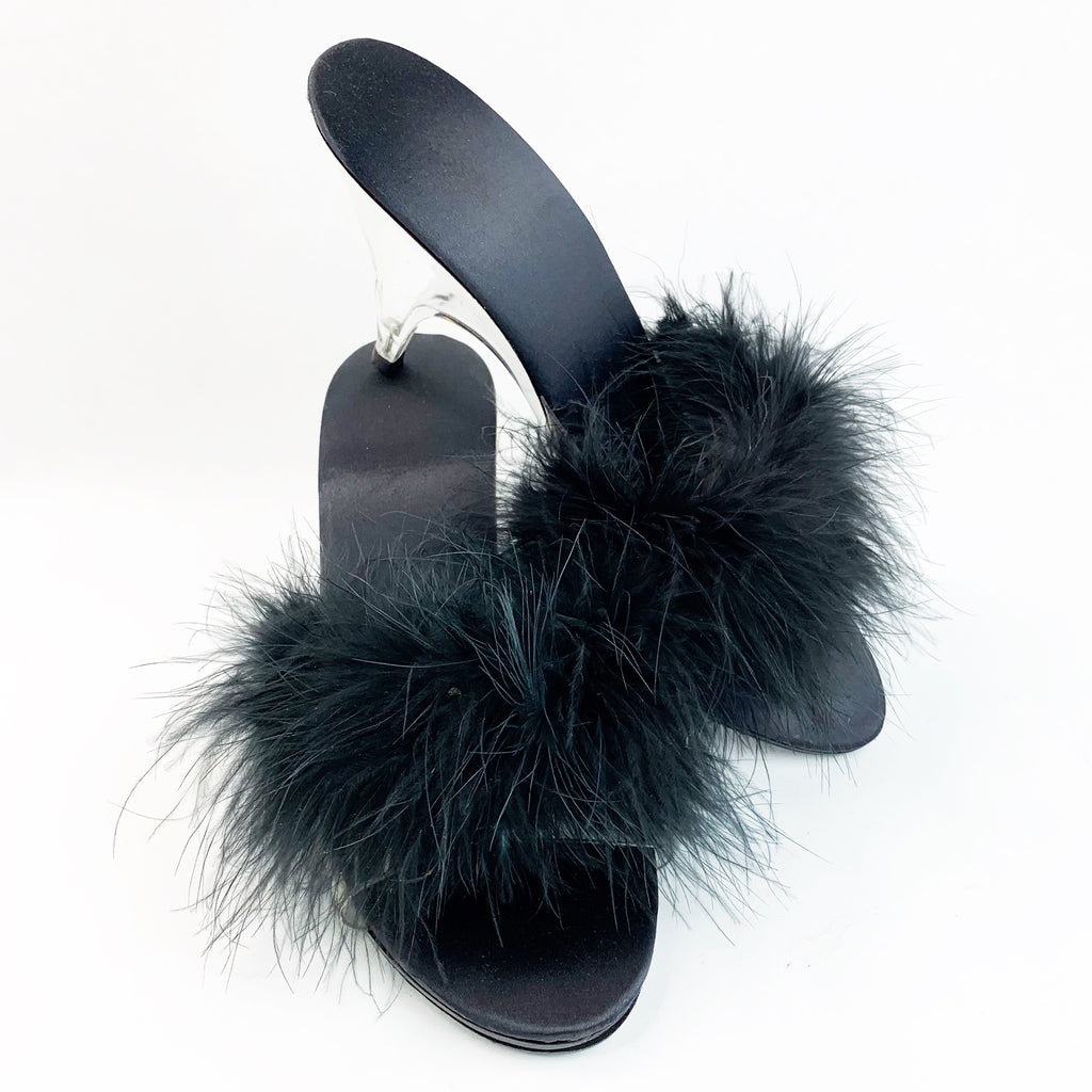 Marabou Black Feather Lucite Clear Slip On Heels