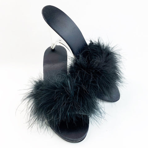 Marabou Black Feather Lucite Clear Slip On Heels
