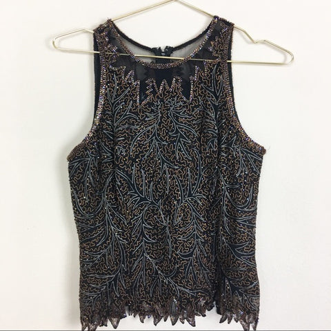 Laurence Kazar Beaded Sleeveless Evening Silk Top