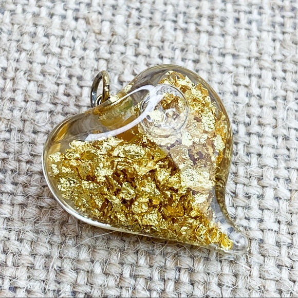 Gold Nugget Flakes Glass Encased Heart Pendant