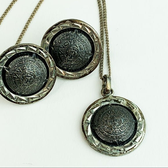 Vtg Mayan Aztec Calendar 925 Sterling Silver Set
